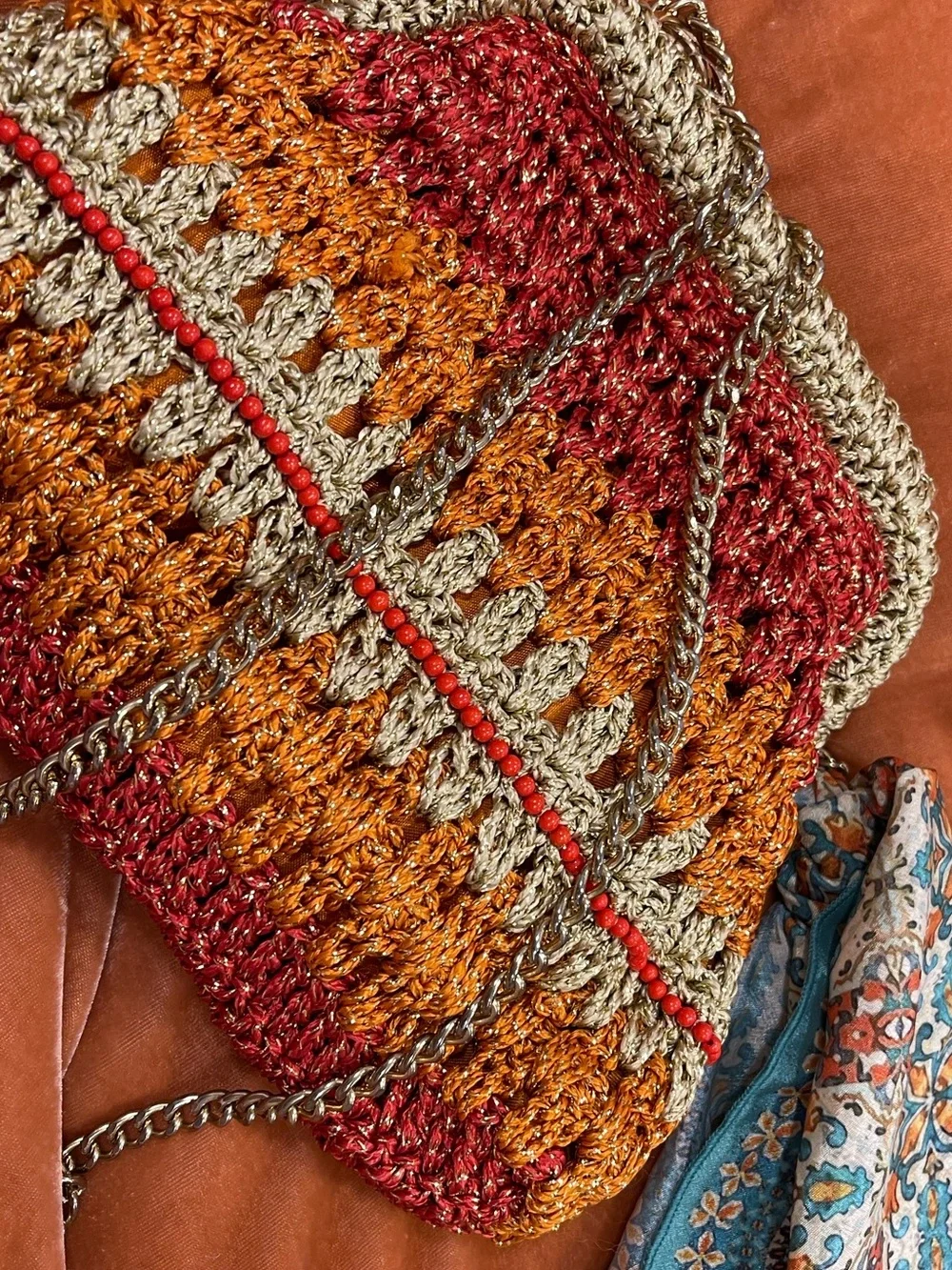 Free People Crocheted Crossbody Bag in Red, Orange, Tan - Picture 10 of 12